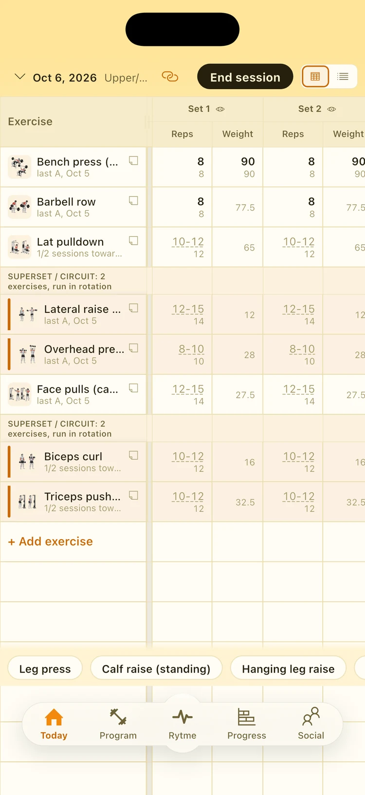 A session in athlate: day A of Core Focused Upper Body Builder as a spreadsheet, with archer push-ups, kettlebell press, bench dips, banded face pulls, plank and treadmill intervals.