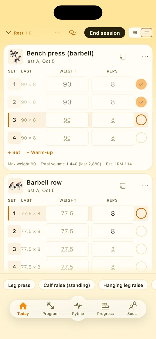 The log as cards: last time in the same row, and the rest timer running after the set you just ticked.