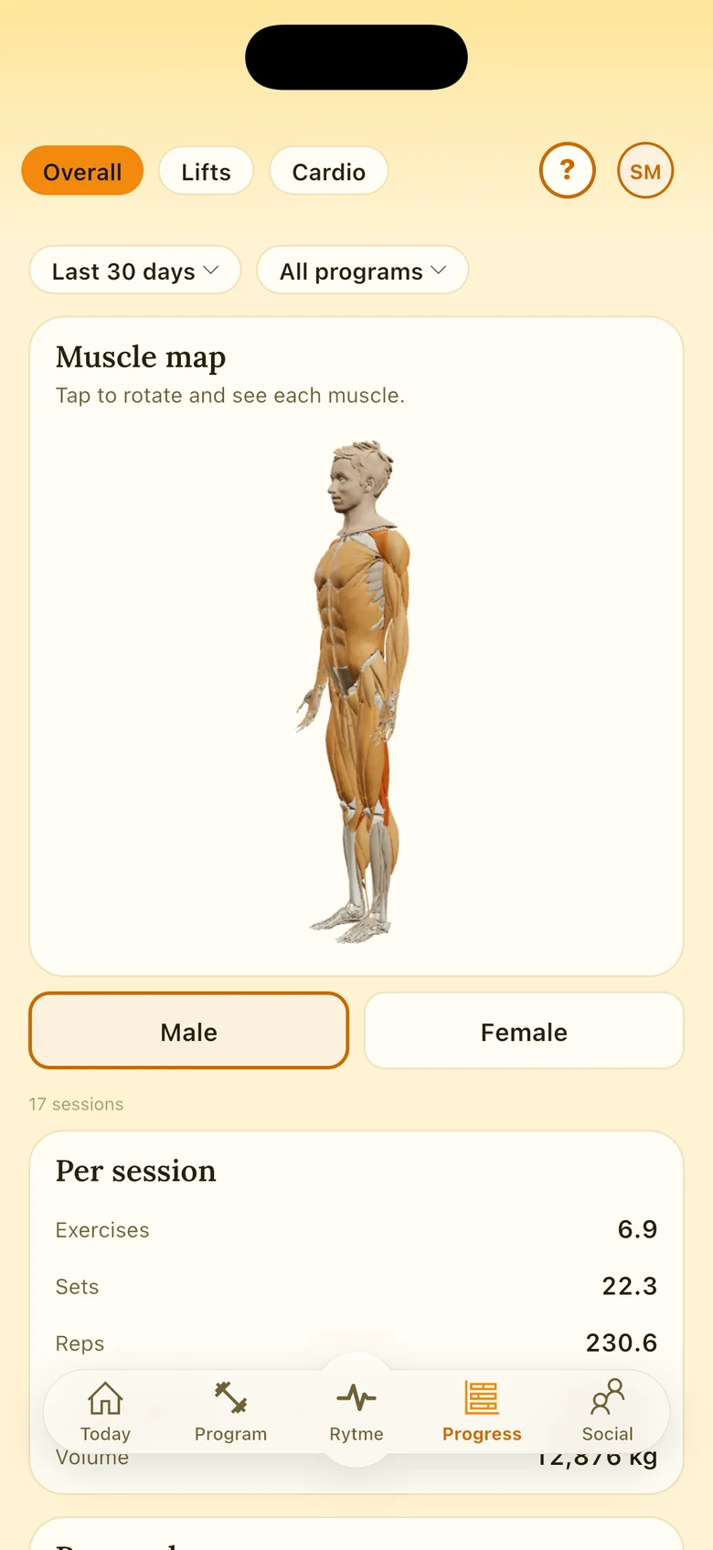 The muscle map: a 3D figure of the muscles you have trained.
