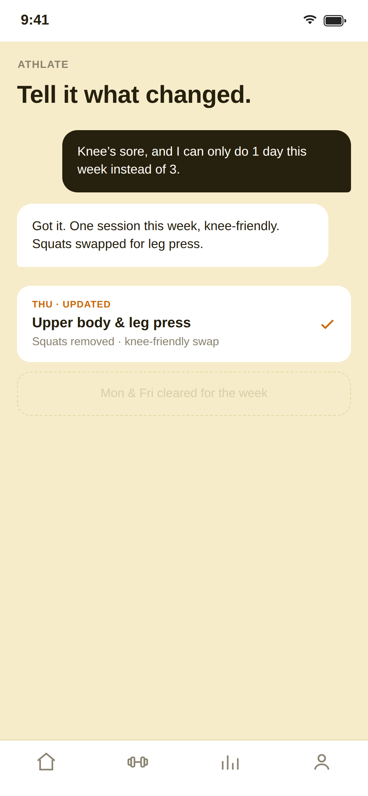 athlate's Rytme chat screen, a user reporting a sore knee and a reduced schedule, and Rytme confirming the updated, knee-friendly week.