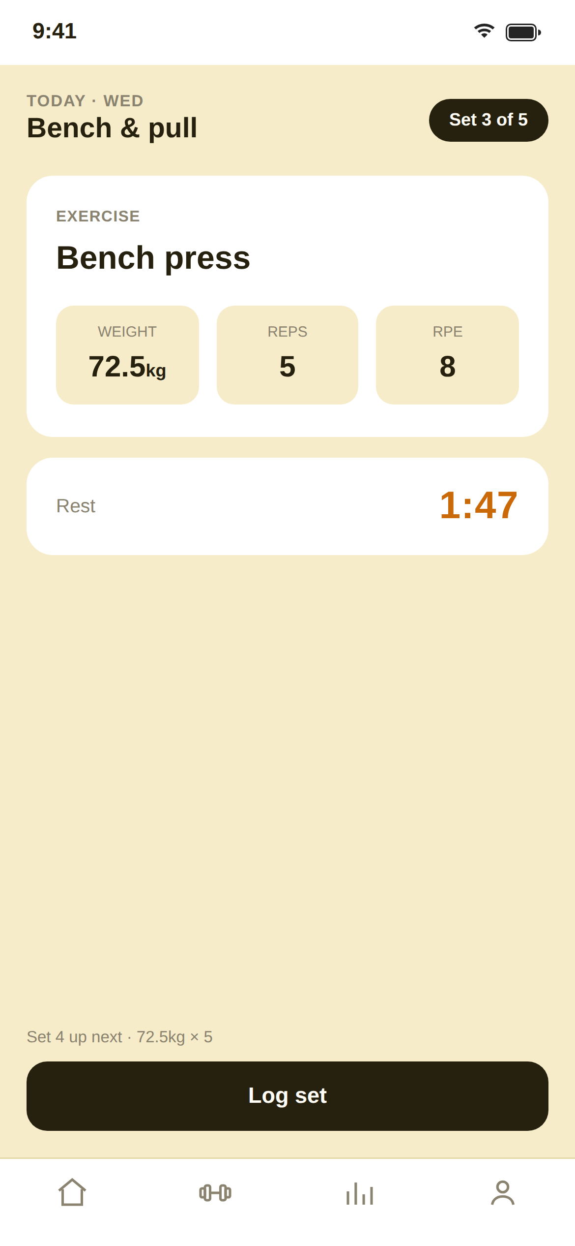 athlate's live session screen, mid-set on bench press with weight, reps, RPE, and a rest timer.