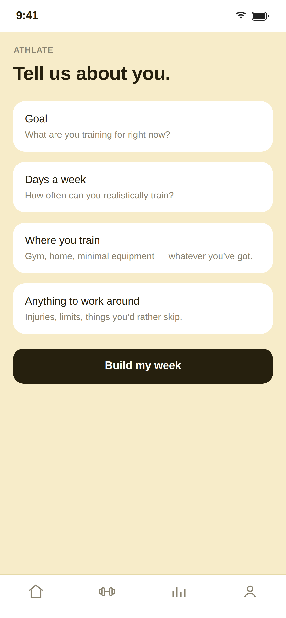 athlate's onboarding screen, asking for your goal, days a week, where you train, and anything to work around.
