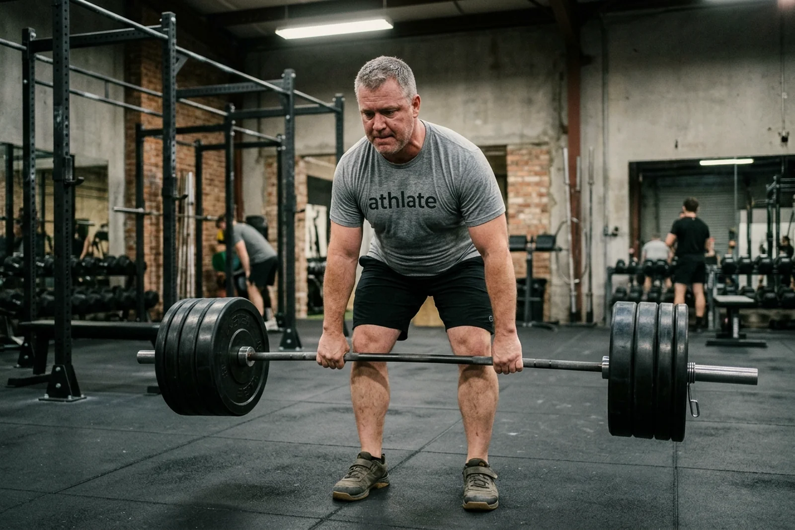 An athlate user mid-deadlift with a heavily loaded barbell.