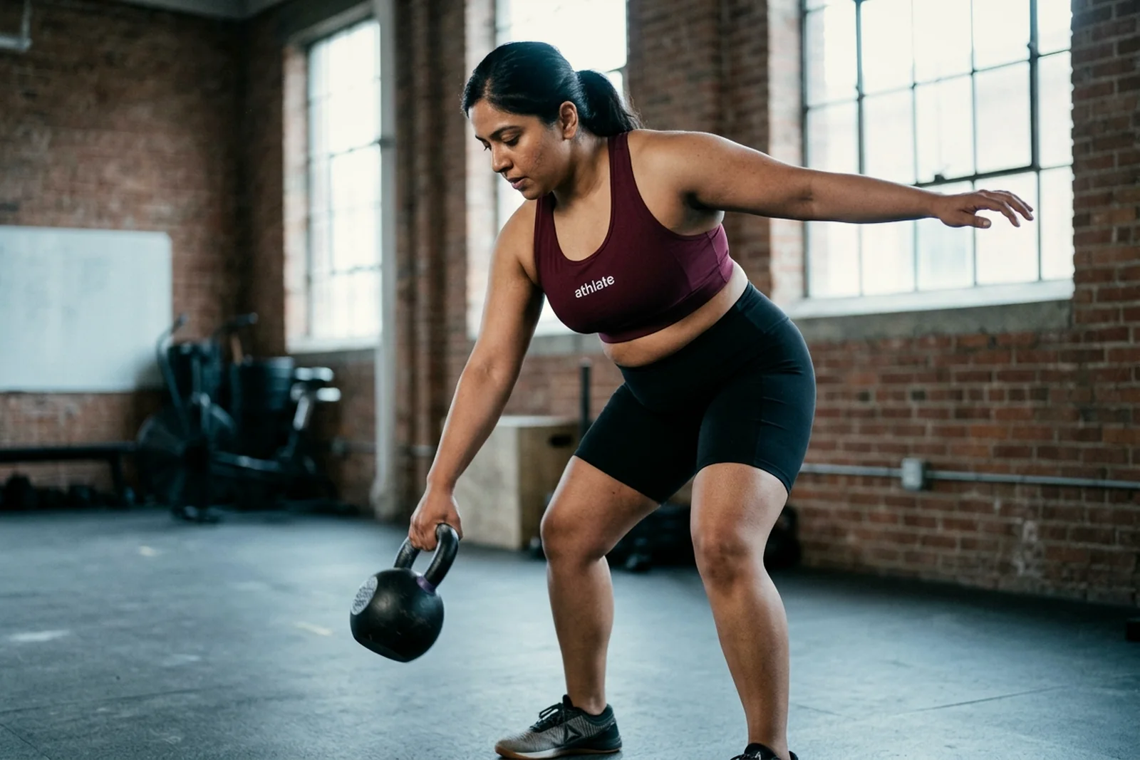 An athlate user mid kettlebell swing in a converted warehouse gym.