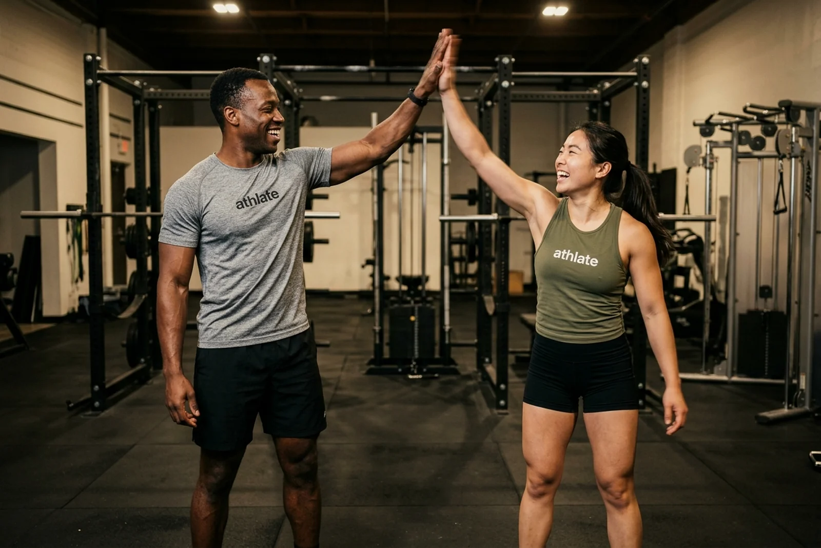 Two athlate users high-fiving after a session.