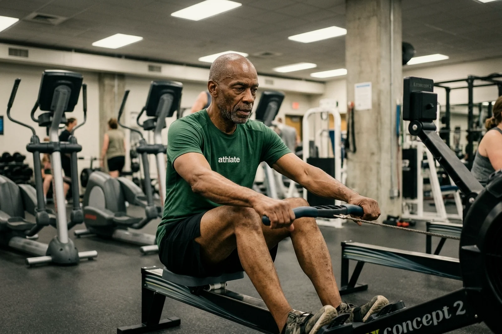 An athlate user mid-pull on a rowing machine.