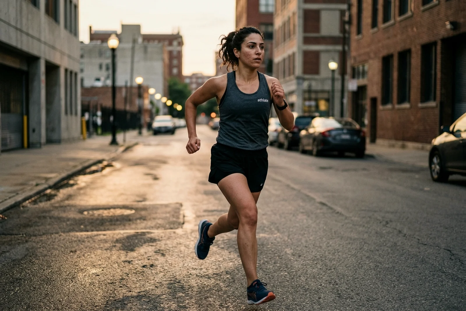 An athlate user mid-sprint down an empty city street at golden hour.