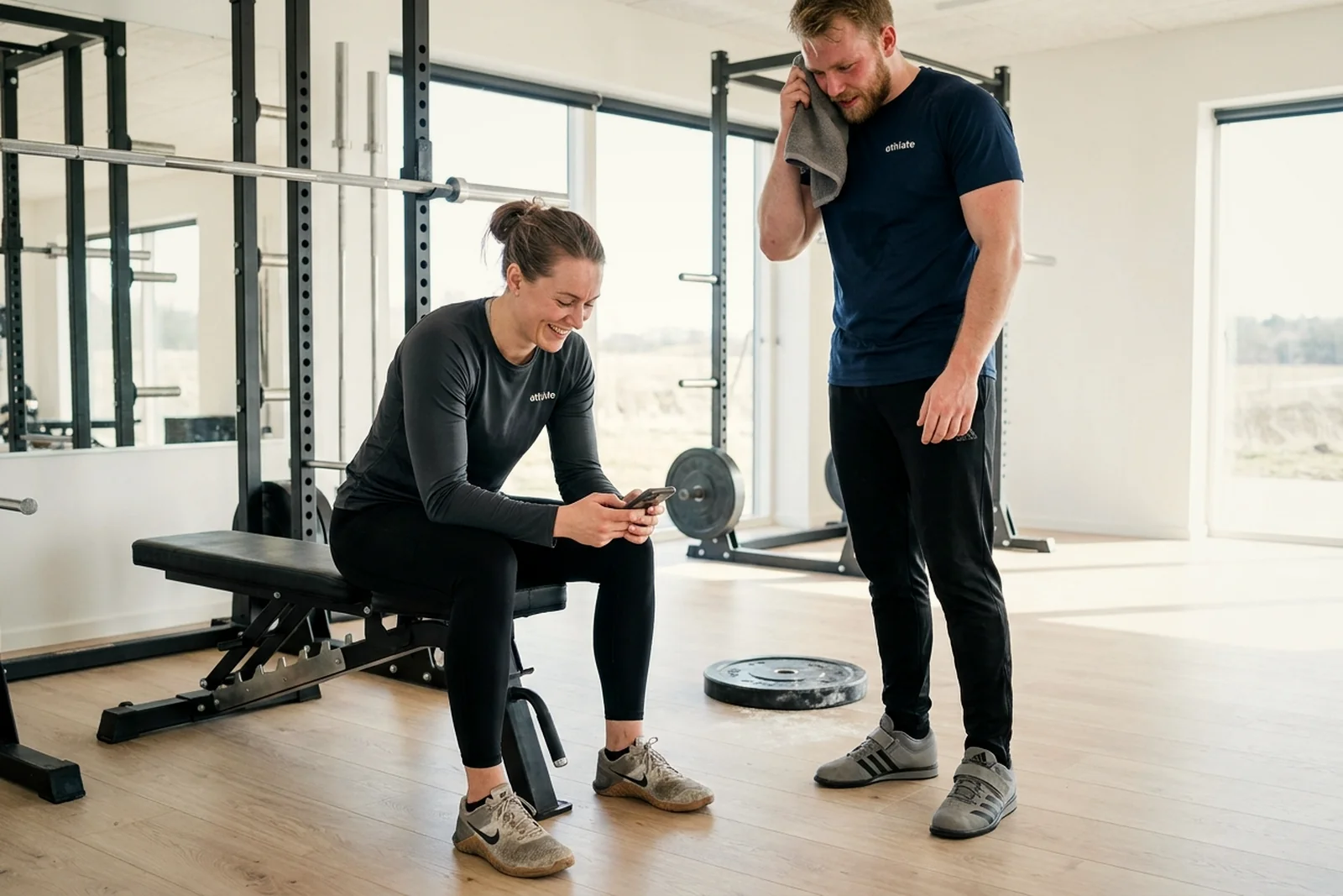 Two athlate users mid-conversation between sets, unposed.