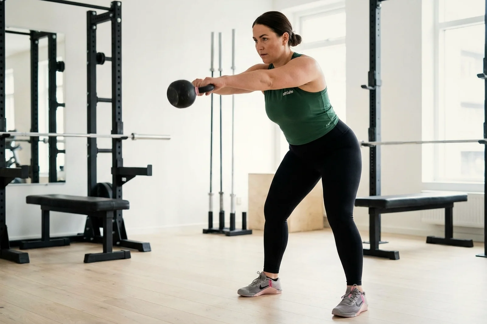 An athlate user mid kettlebell swing, strong and focused.