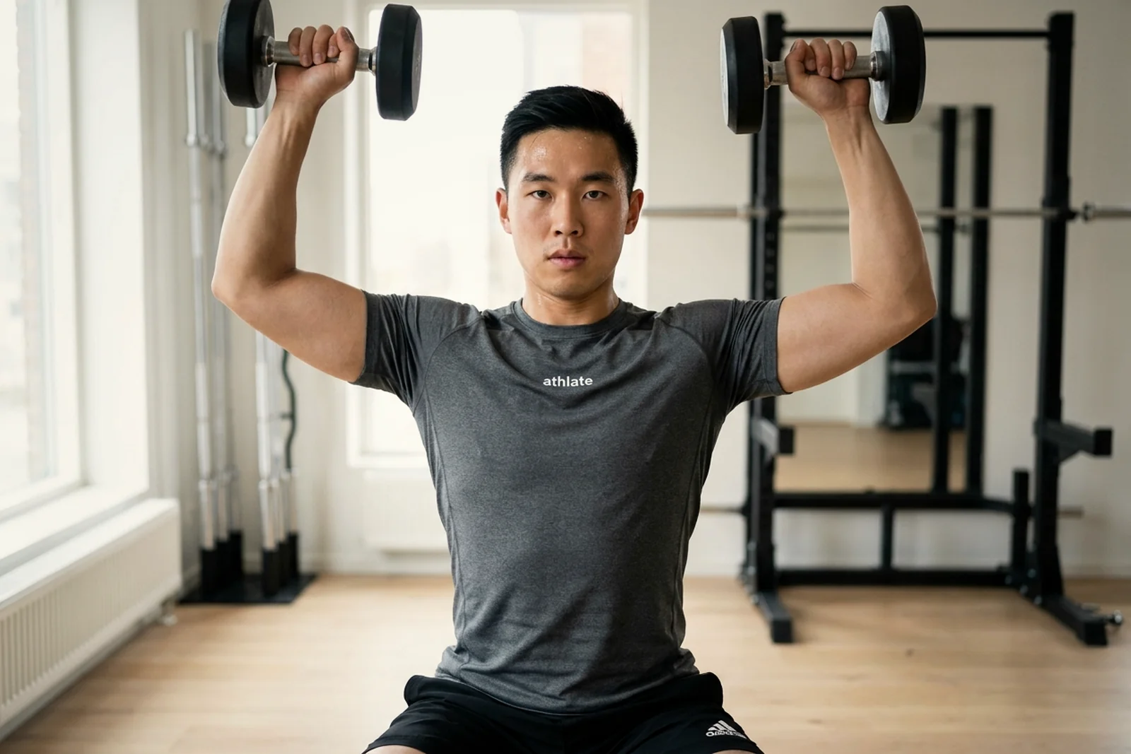 An athlate user mid overhead dumbbell press.