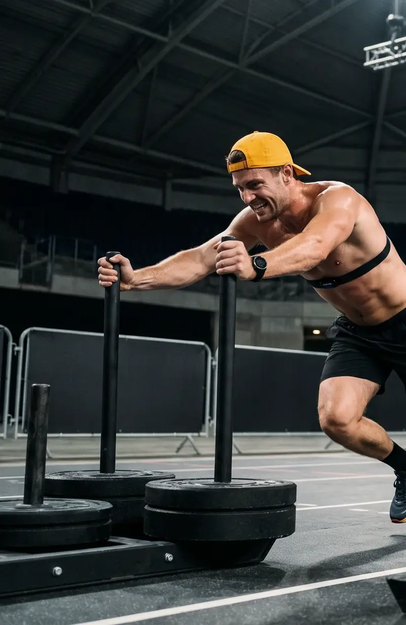 An athlate user driving a sled push across a training hall.