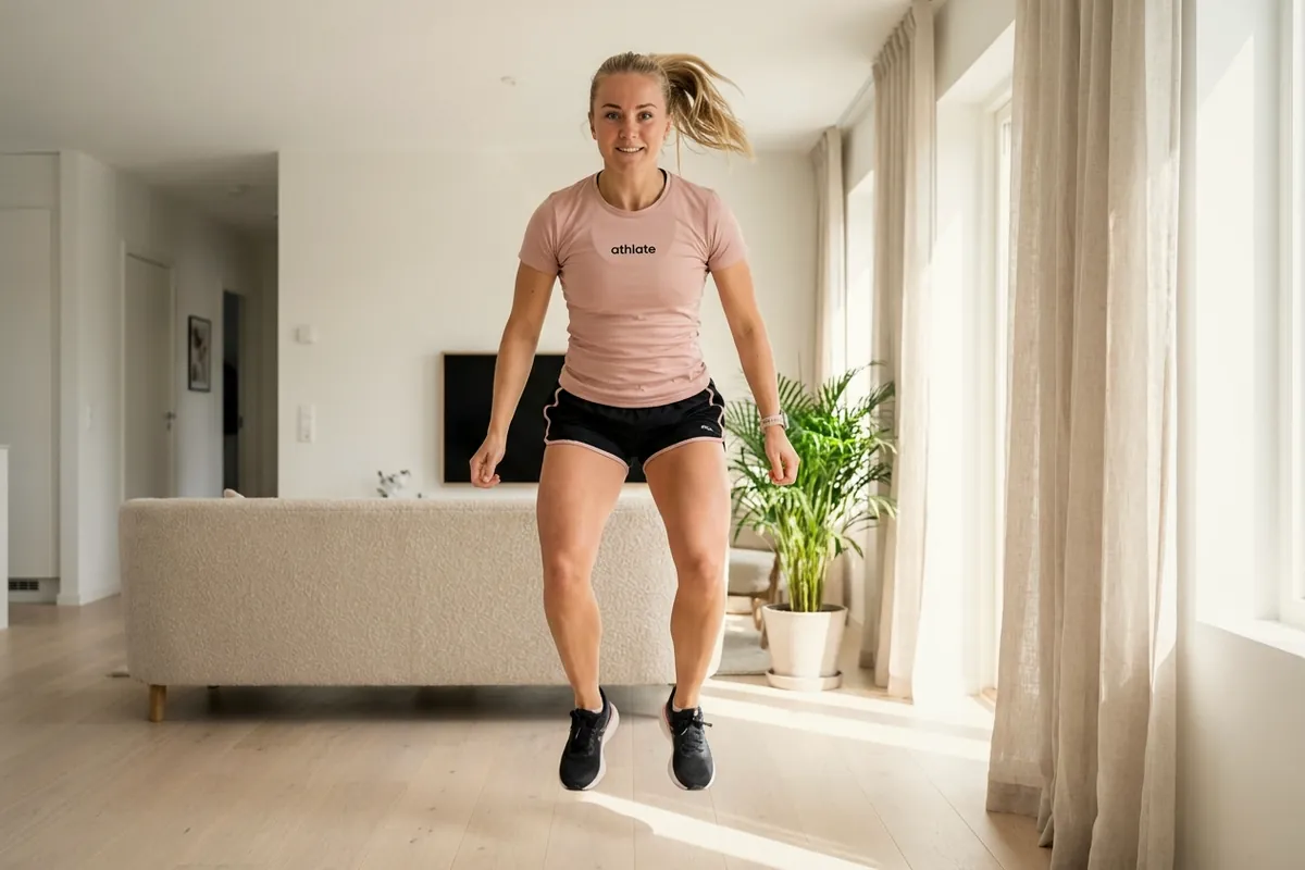 An athlate user mid jump squat during a bodyweight session.