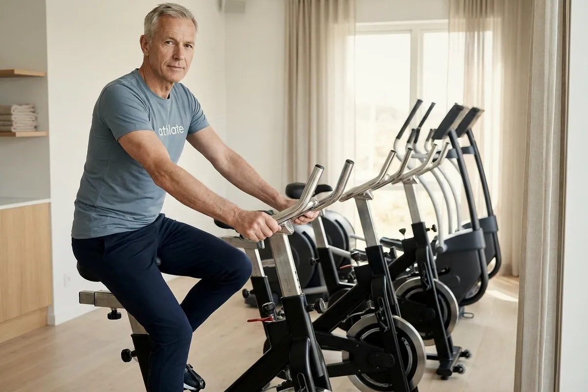 An athlate user mid steady-state bike session.