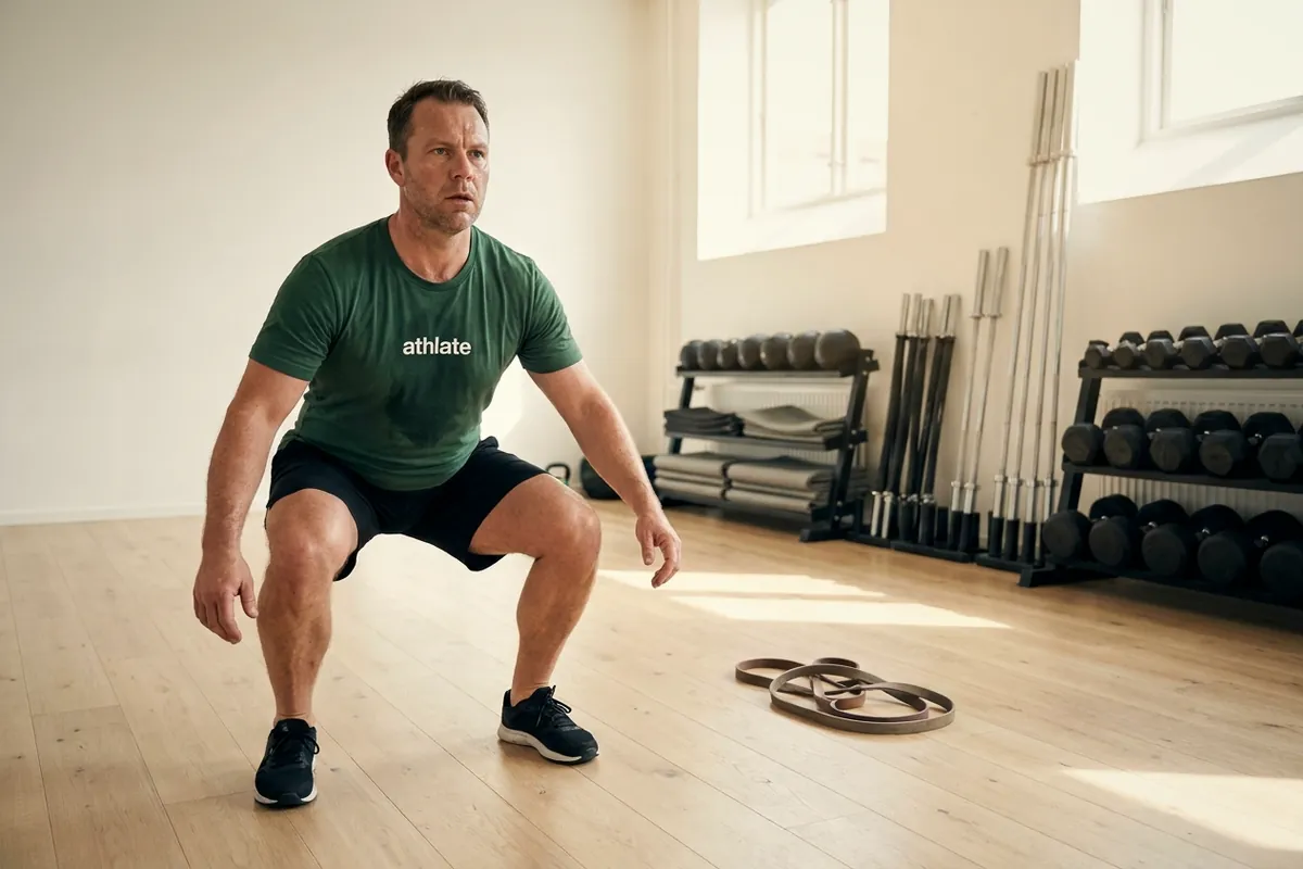 An athlate user mid squat during a circuit session.