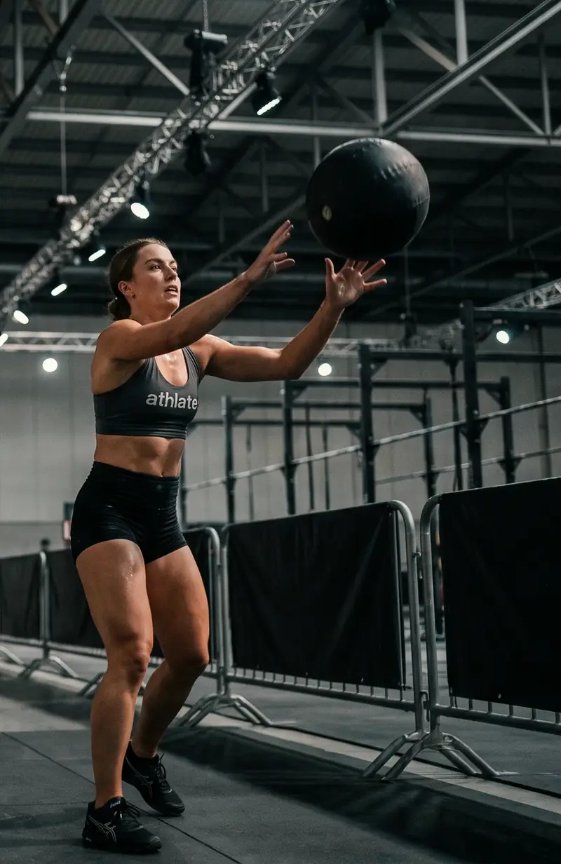 An athlate user throwing a wall ball, mid-motion.